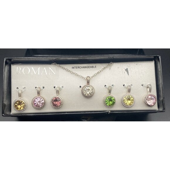 Vtg Roman RMN Necklace Interchangeable 7 Pendant Green Purple Yellow Pink Box - Picture 1 of 13